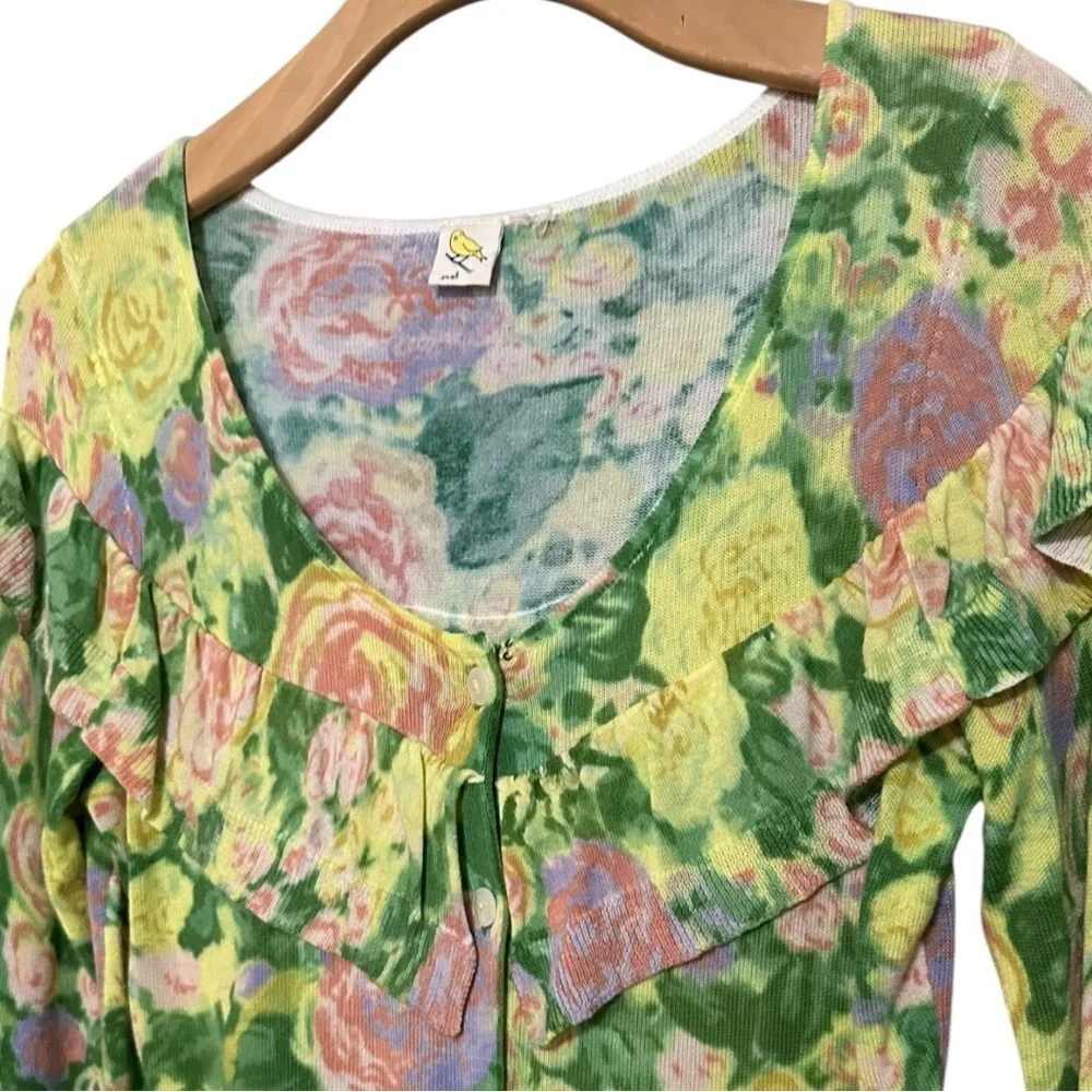 Anthropologie Yellow Bird Women’s S Colored Pencil Yellow Green Floral Cardigan - Picture 6 of 10